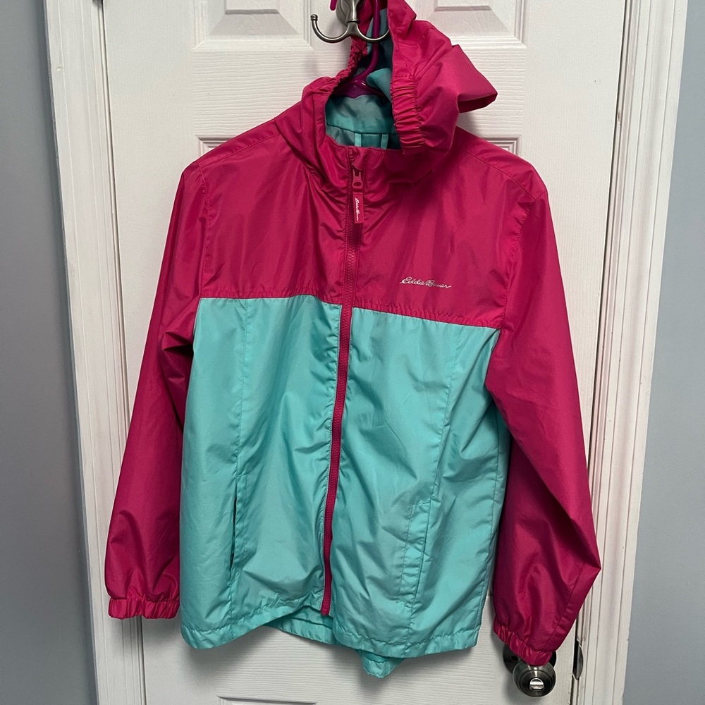 Eddie Bauer Kids Windbreaker Jacket Pink Teal Hooded Size L 14/16
